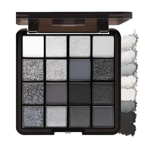 Image of 16 Colours Smokey Eye Palette, Black Grey Silver Shades, Matte Shimmer Glitter Makeup Set, Blendable Long Lasting Cosmetic Kit for Daily Party Looks