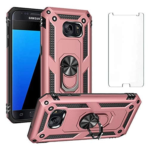 Image of Phone Case for Samsung Galaxy S7 with Tempered Glass Screen Protector Stand Ring Holder Shockproof Silicone Heavy Duty Accessories Magnetic Metal Hard Kickstand galaxys7cases cases Girls Rose Gold