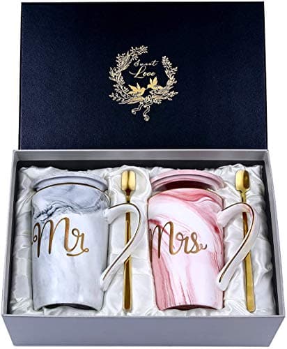 Image of Doublewhale Wedding Gifts for Bride and Groom, Wedding Day Engagement Anniversary Couple Gifts for Him Her Newlyweds Mr and Mrs Coffee Cups Gift Set, 14oz Marble Ceramic Mugs for Wife and Husband