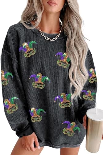 Image of Yiulangde Women Sparkly Sequin Festival Sweatshirt Casual Crewneck Oversized Corduroy Sweater Long Sleeve Shirt Pullover Tops, Mardi Gras Masks-black, XL