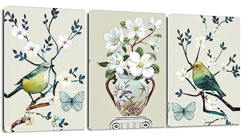 Image of Artscope 3 Pieces Vintage Wall Art Canvas Prints - Flowers and Birds Picture Painting - Modern Wall Artwork Framed for Gifts Bathroom Living Room Home Office Decor - 30 x 40 CM