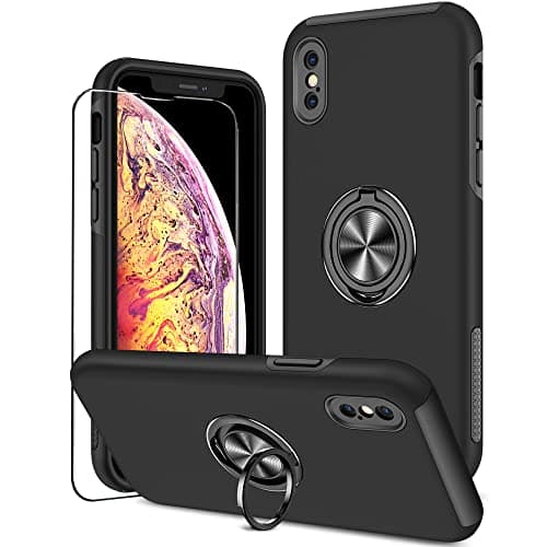 Image of KRAFTCARE Case Compatible for iPhone X and XS with Kickstand Ring and Screen Protector, Shockproof and Anti Scratch Magnetic Built-in Ring Stand Case Compatible for iPhone X/XS - Black