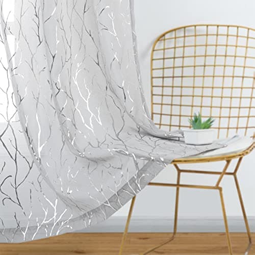 Image of Kotile Grey Voile Curtains 90 Drop - Print Metallic Tree Curtain 46 x 90 Inch Drop Silver Voile Curtains for Bedroom, Privacy Eyelet Grey Sheer Curtain, 46 x 90 Drop, 1 Pair (2 PCs)
