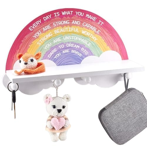 Image of arricraft Rainbow Shelf Decor for Bedroom, Wooden Rack with 4 Pegs Hooks Floating Stand Wall Mounted Coat Rack Decor for Clothes Hats Key Backpack, Gifts for Christmas