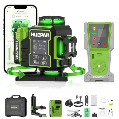 Image of Huepar W04CG 4D Laser Level with Receiver for Outdoor or Longer Distance Use, Up to 400 ft, 4x360° Self Leveling Green Lazer Leveler Tool for Construction, Tiling, Framing, Drop Ceiling, Floor etc.