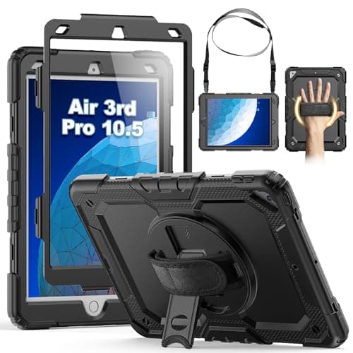 Image of SEYMCY Case for iPad Air 3rd Generation 2019/ iPad Pro 10.5 inch Case 2017, Full-body Shockproof with Screen Protector, 360° Rotating Hand Strap & Stand, Pencil Holder, Shoulder Strap, Black