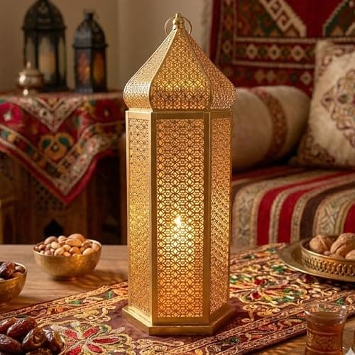 Image of VELA LANTERNS 53cm Extra Large Tower Temple Moroccan Lantern Lamp Decorative Candle Holders for Ramadan Decorations, Hanging, Outdoor Patio or Porch, Indoor Home Decor, Gold