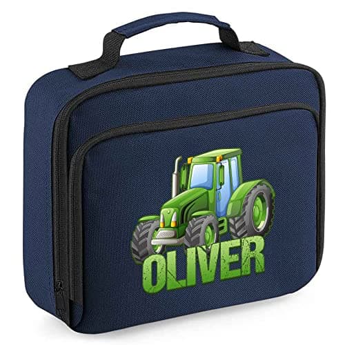 Image of Personalised Tractor Lunch Cooler Bag, Boys Back to School Gifts, Custom Bags for Kids Who Love Tractors, Farmer Primary or Nuresery Girls Lunch Bags, Childs Lunch Box, 24cm x 20cm x 8cm, Navy