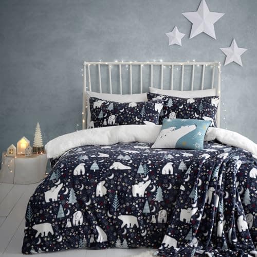 Image of Fusion Christmas Polar Bear Duvet Cover King Size Bed Starry Night Fleece Bedding (230x220cm) – Reversible – 2 Pillowcases – Navy Arctic Design – Festive Winter Bedding