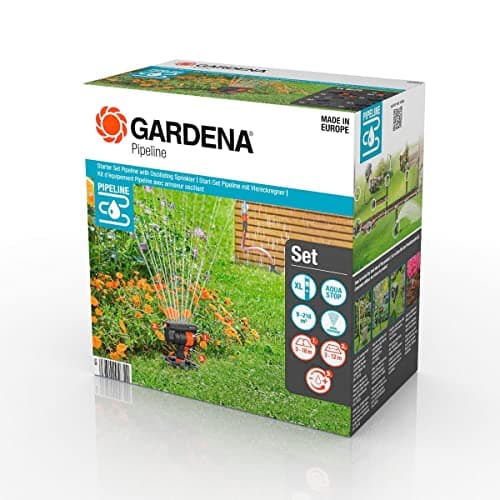 Image of Gardena Sprinkler System Starter Set Pipeline with Oscillating Sprinkler: Complete starter set for the pipeline system, water intake all around the house and garden, underground install (08272-20)
