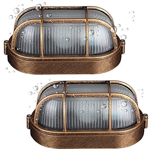 Image of 2 Pack Outdoor Oval Bulkhead Light, Vintage Nautical Wall Light with Frosted Glass & Rustproof Aluminum, E27 Base Marine Bulkhead Lamp, Wall or Ceiling Mount for Porch Garden Patio Garage Corridor