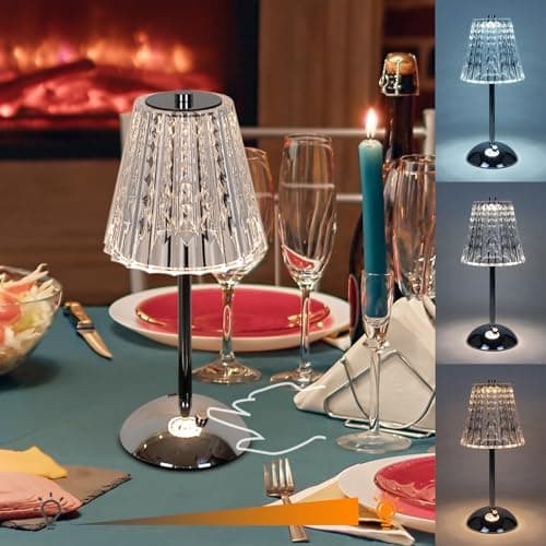 Image of Amingulry Cordless Table Lamp, 4000mAh Rechargeable Battery Operated Lamp, 3 Color Modes & Stepless Dimmable LED Touch Lamp, Portable Crystal Metal Beside Lamps for Bedroom Restaurant(Silver Chrome)
