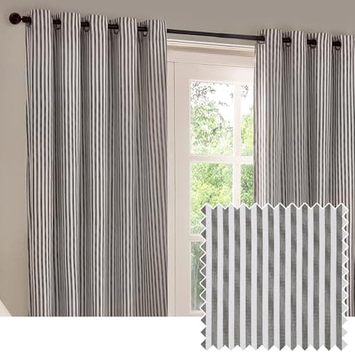Image of furn. Yard Hebden Eyelet Curtain Pair – Ultra Soft Cotton Lined Striped Curtains (Grey - 168x137cm)