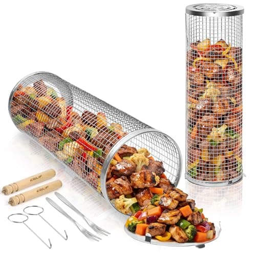 Image of Ezilif 2PCS Rolling Grill Baskets, 304 Stainless Steel BBQ Accessories with Removable Wooden Handle & Nesting Design, Outdoor Camping Tool for Veggies Meat Prawns, Birthday Gifts for Men Dad Husband