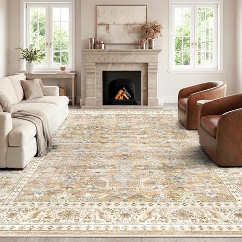 Image of HOMFINE Vintage Washable Rugs for Living Room - 160x230cm Beige Brown Area Rug for Bedroom Living Room Traditional Printed Design, Low Pile, Non-Slip, Non-Shedding