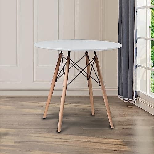 Image of URBNLIVING Small Round Modern Dining Conference Meeting Room Table, Wood Kitchen Table, Eiffel Design Metal Frame, 4 Beech Leg (White)