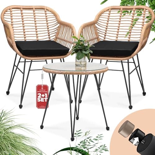 Image of CASARIA® BALI 3 Piece Bistro Garden Dining Furniture Set | 2 Armchairs With Cushions | 1 Glass Top Table | Indoor Outdoor Weatherproof Poly Rattan Wicker | Conservatory Patio Balcony