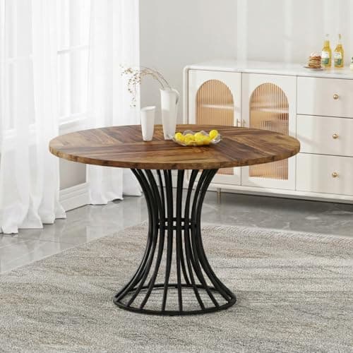 Image of IMHKAM Wooden Round Dining Table for 4-6 People,120cm Kitchen Table,Retro-style Dining Table with Black Metal Legs for Dining Room,Living Room or Kitchen