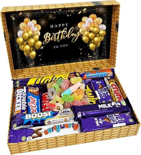 Image of Happy Birthday Sweets and Chocolate Gift Box Pick n Mix Sweets Chocolate Hamper in Wicker Style Printed Box | Gift Box for All | 360gm Sweet & 12 Standard Bars