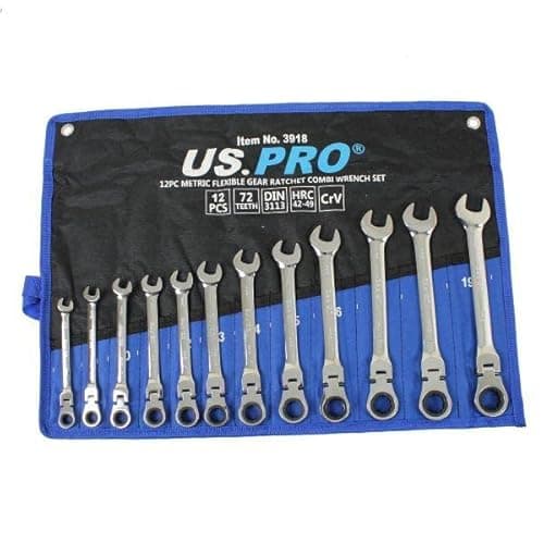 Image of US PRO Tools 12pc Metric Flexible Gear Ratchet Combi Wrench Set 8-19mm 3918