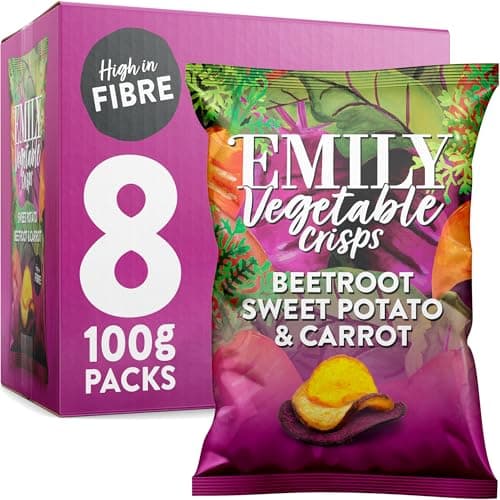 Image of EMILY Veg Crisps Rainbow Roots | All Natural Vegetable Crisps | No Added Sugar, High Fibre | Vegan Friendly | Perfect for Snacking & Parties | 8 x 100g Share Bags