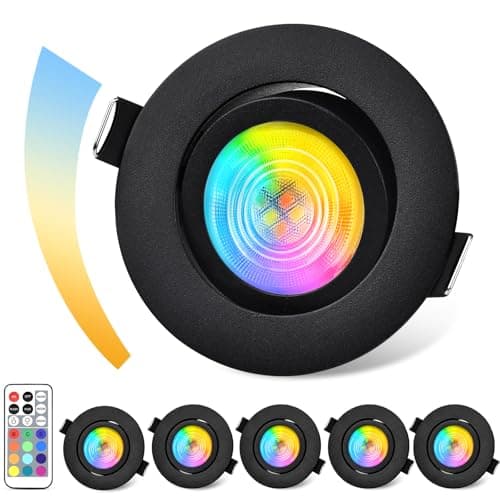Image of GeyouLux 6 x Dimmable RGB LED Recessed Spotlights, IP44 Aluminium 230 V 68 mm, 5 W 3CCT, 38° Adjustable + 45 Black Ceiling Spotlights with IR Remote Control for Bathroom, 6 Pieces