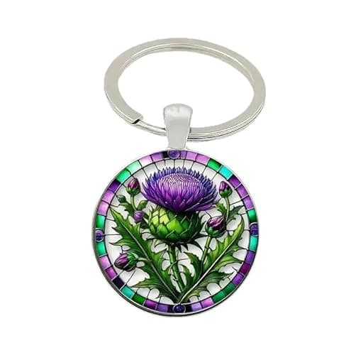 Image of 4Trails Scottish Thistle Floral Glass Dome Keyring, Purple and Green