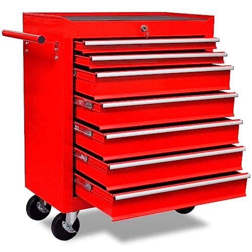 Image of vidaXL Steel Workshop Tool Trolley - Red, Organise Tools, 7 Sliding Drawers, Robust Countertop, Mobile with Brakes