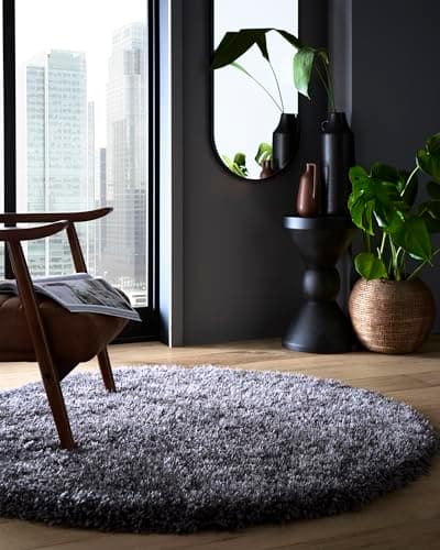 Image of Lord of Rugs Shaggy Rug for Bedroom Living Room Fluffy Quality Hand Tufted Silky Soft Thick Pile Plain Non-Shedding Round Rug Grey, Circle 133x133 cm (4'5"x4'5")