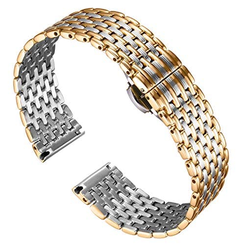 Image of BINLUN Ultra Thin Mesh Stainless Steel Watch Band Light Metal Watch Strap Polished Watch Bracelets Replacement for Men Women with Butterfly Buckle (18mm Silver and Gold)