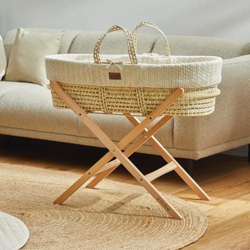 Image of The Little Green Sheep Moses Basket with Stand - Organic Knitted Bassinet Made with Natural Palm Leaf, Mattress and Natural Foldable Stand, Free From any Nasties, Durable and Lightweight, Linen