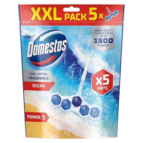 Image of Domestos Power 5 Ocean Toilet Rim Blocks Toilet Freshener with a Long-Lasting Fragrance, Clean and Freshen for up to 300 Flushes, 5 x 50 g