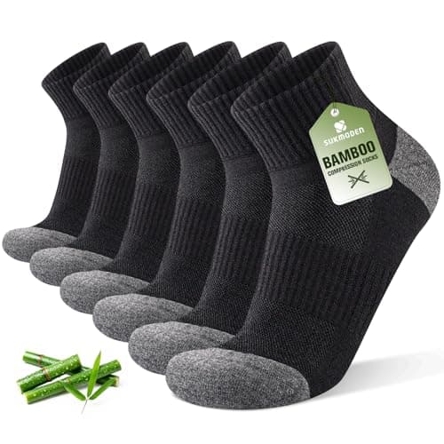 Image of SukModen Compression Ankle Support Running Socks Men Women, 3 Pairs Quarter Bamboo Breathable Trainer Socks, Wicking Plantar Fasciitis Relief, Athletic for Sports Tennis Black Grey, 9-11