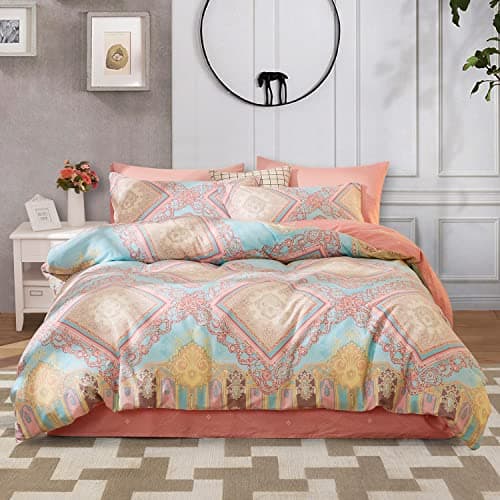 Image of SAPHREAS Boho Duvet Cover Set 100% Cotton 3 piece Bohemian Bedding for All Seasons Pink Cover Set 1 Duvet Cover 2 Pillow Shams Double Size