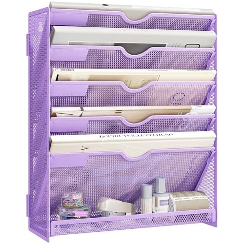 Image of VITVITI File Organiser, 6-Tier A4 Wall Mounted Magazine File Holder for Mails Folders Papers, Vertical Document Organiser for Office Home - Purple
