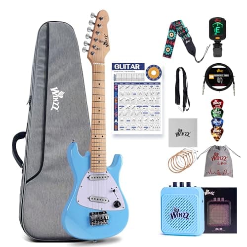 Image of Winzz 30 Inch Kids Electric Guitar Beginner Kit, Junior 1/4 Size Mini Electric Guitar for Children Complete Stater Set with Amp, Gloosy Blue Colour