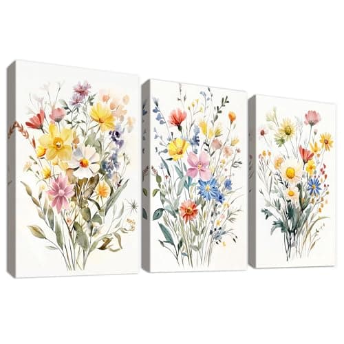 Image of Set of 3 Wooden Framed Canvas Wall Art Watercolour Colourful Bouquet Flowers Painting on Canvas Prints Yellow White Wildflowers Daisies Pictures for Living Room Bedroom Wall Decor 30x40cm x 3pcs