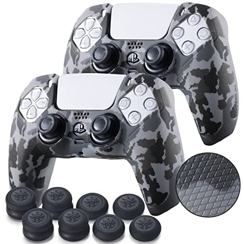 Image of YoRHa Grip Texture Silicone Skin for PS5 Dualsense Controller x 2(Grey Camouflage) with Pro Thumb Grips x 8