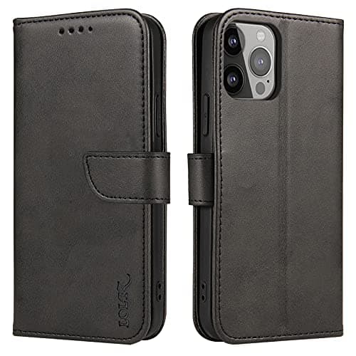 Image of LOLFZ Wallet Case for iPhone 13 Pro, Vintage Leather Book Case with Card Holder Kickstand Magnetic Closure Flip Case Cover for iPhone 13 Pro - Black