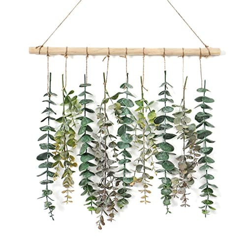 Image of Weldomcor Artificial Eucalyptus Wall Hanging Decor Greenery Boho Chic Home Decorations Farmhouse Rustic Plants with Wooden Stick for Bedroom Living Room Apartment Ornament Gift(Green-1)