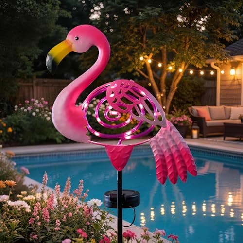 Image of Flamingo Garden Solar Lights Outdoor Decor, Metal Pink Flamingo Yard Decor with Waterproof Garden Stake Lights for Pathway, Patio,Lawn,Porch - Flamingo Gifts for Women