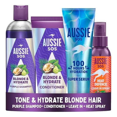 Image of Bundle of Aussie SOS Blonde & Hydrate Set: Purple Shampoo 300ml, Conditioner 200ml and Super Serum All In One Leave In Treatment 160ml + Aussie SOS Heat Defence Leave In Spray 100ml
