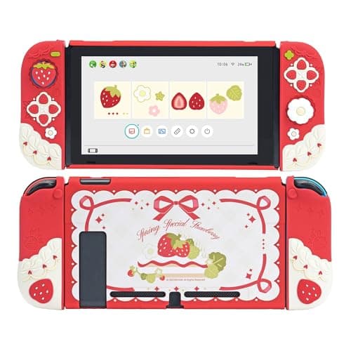 Image of GeekShare Soft Silicone Protective Case Compatible with Switch Anti-Scratch Slim Cover Case Compatible with Switch Separable Protective Shell with 2 Thumb Grip Caps - Strawberries with Cream