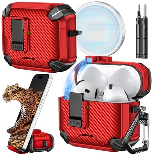 Image of Inesore for AirPods 4 Case (2024) with Phone Stand Design, Carbon Fiber Texture Design, Auto-Locking Case Cover for Air Pods 4 with Cleaning Kit & Keychain, Red