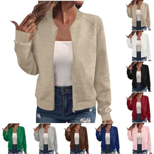 Image of Womens Bomber Jacket, Bomber Jacket Women UK Oversized Textured Lightweight Zip Up Jackets Casual Stand Collar Full Zipper Coats Ladies Autumn Baseball Outerwear Top Khaki