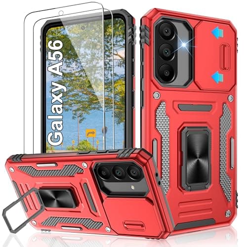 Image of Jshru for Samsung A56 Case with Screen Protector | Camera Protective Cover | Ring Stand,Phone Case for Men and Women | Shockproof Bumper Phone Cover,A56-Red