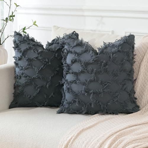 Image of JOTOM Set of 2 Cushion Covers 45x45cm Linen Boho Decorative Pillow Case Tassels Design Throw Pillow Covers Square Pillowcases for Sofa Bedroom Couch Home Chair Decor (Grey)