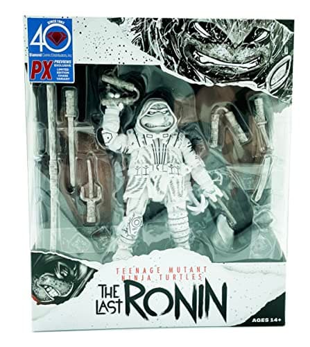 Image of BANDAI Teenage Mutant Ninja Turtles The Last Ronin Michelangelo Action Figure Black & White | 4.5'' TMNT The Last Ronin Articulated Action Figure With Accessories | Teenage Mutant Ninja Turtles Toys