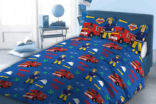 Image of CnA Stores Fireman Sam Double Duvet Cover Set Children's Firefighter Blue Poly Cotton Bedding