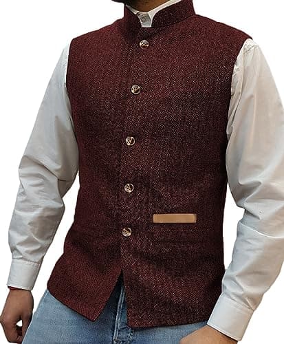 Image of Yiaisafa Mens Mock Neck Vests Tweed Waistcoats Stand-up Herringbone Retro Groomsman Lined Vintage Wool Wedding Hunting (Burgundy,M)